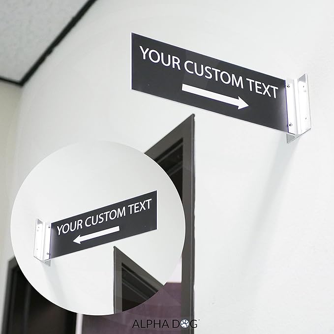 ALPHA DOG SIGNS Custom Projecting Hallway Sign, 4"x12" Double-Sided Business Plaque Left Arrow, Personalized Indoor Outdoor Wayfinding, Easy Install, Durable, Made in USA (Black)