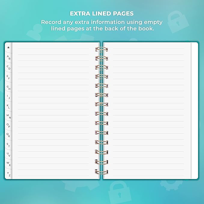 Clever Fox Password Book Spiral – Internet Address & Password Organizer with Laminated Alphabetical Tabs – Password Keeper Journal – Hardcover, Medium Size, 6.1x7.7” (Turquoise)
