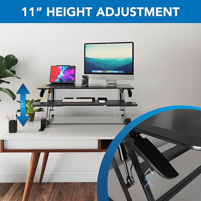 Mount-It! 38" Standing Desk Converter, Desktop Sit-Stand Desk Riser with Gas Spring Height Adjustment, Compact Desk Topper for Dual Monitors or Laptop, Keyboard Tray, Black