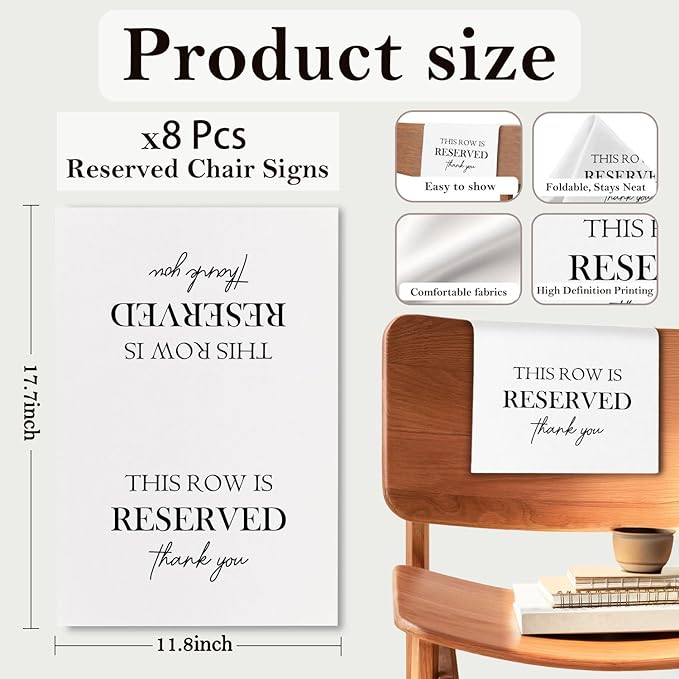 ChissNook Reserved Seating Chair Signs, This Row Is Reserved Pew Cloths Seating Placeholder for Church Pews, Wedding Decorations for Reception Parties Celebrations Event Meetings (8 PCS, White)