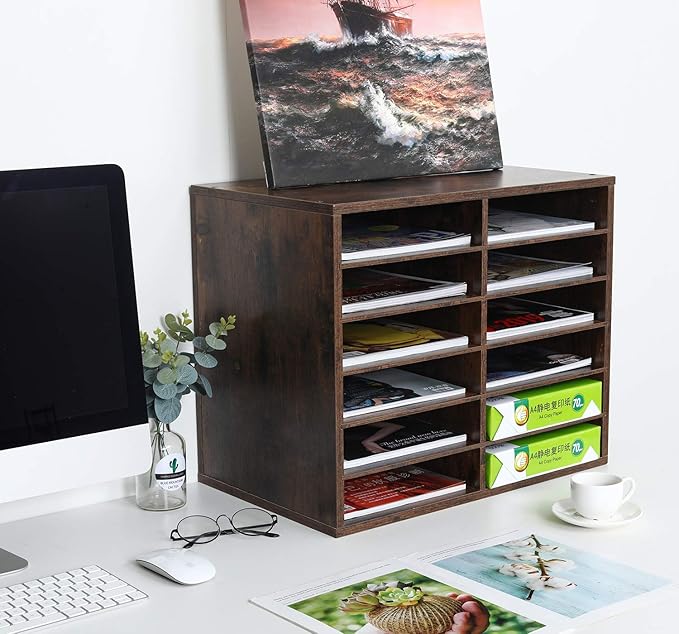 EasyPAG Wooden Literature Organizer with Adjustable Shelves, 12 Compartments Office Paper Organizer Storage 6000 Sheets Letter Size Paper, Student Mailbox for Classroom, Archaize