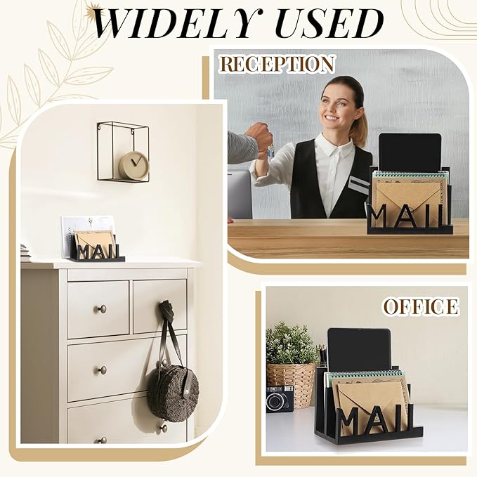 Vercraft 2 Slot Mail Organizer Holder Countertop Wooden Mail Black Letter Holder with Cutout Lettering Design for Office Desktop Envelope and Document Storage Rack