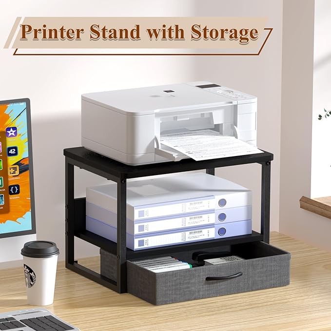 MARTY Printer Stand with Storage Drawer for Desk, 2-Tier Desktop Printer Stand Shelf Organzier for Home Office Printer Riser Under Desk Small Printer Table for Fax Machine Copier Scanner (Black)