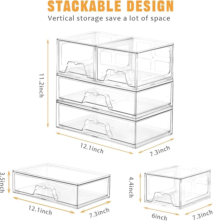 Stebopum 6 Pack Stackable Storage Drawers Clear Acrylic Organizer Makeup Bathroom Organizer and Storage Bins for Beauty Supplies,Ideal for Vanity, Bathroom,Pantry Organization