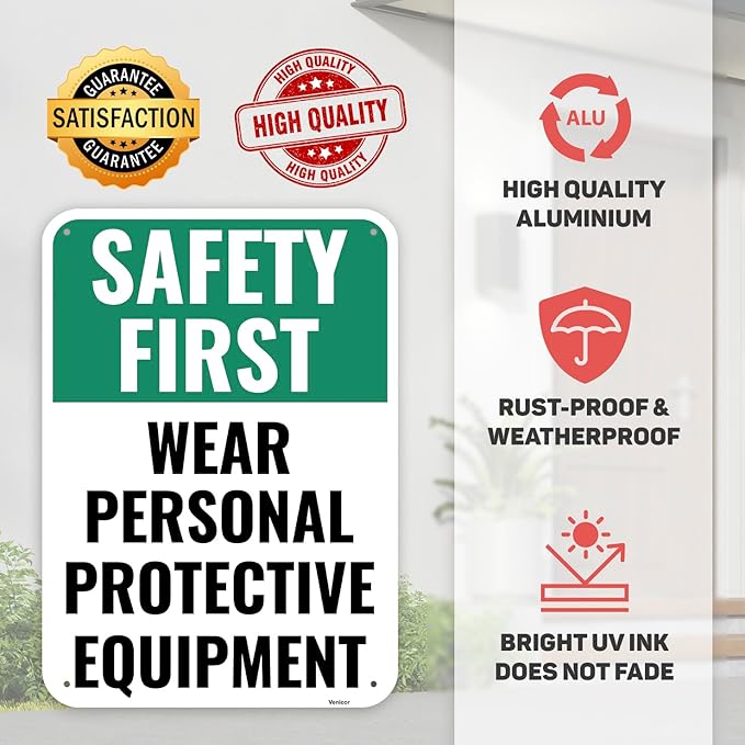 1PC Safety Sign, 14 x 10 Inches - Aluminum - Safety Decorations Posters For Workplace - Wear Personal Protective Equipment