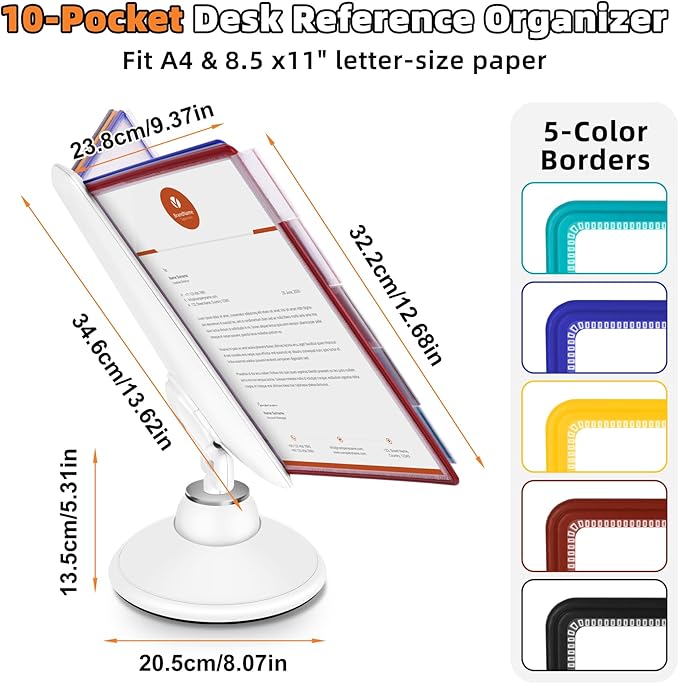 Antner 10-Pocket Desktop Reference & Display System with 360° Adjustable Base, Fast Flip & Find Desk Reference Organizer, A4/Letter Size 10 Double-Sided Panels with 5-Color Borders & Index Tabs, White