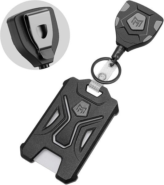 MNGARISTA 2 Pack Heavy Duty Badge Holder, Vertical ID Card Holder for Credit Cards, Clear ID Window, All PC Polycarbonate Plastic Housing, 5 Cards Capacity, Built-in Elastic Clip, Black