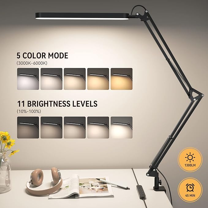 SKYLEO Desk Lamp for Home Office, Eye Comfortable LED Desk Light for Long Hours, Adjustable Swing Arm with Memory Function, Black