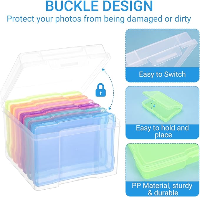 COSICS Photo Storage Box 4" x 6", Extra Large Transparent Plastic Photo Organizer Craft Keeper with 6 Colorful Inner Case for Cards, Pictures, Stamps, Stickers, Seeds, Office Supplies