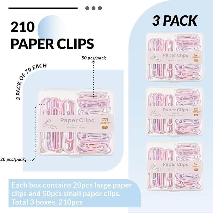 NEEWAY Colorful Paper Clips Assorted Sizes, Small and Large Paperclips, 210 Count, 3 Pack of 70 (Light Multicolor)