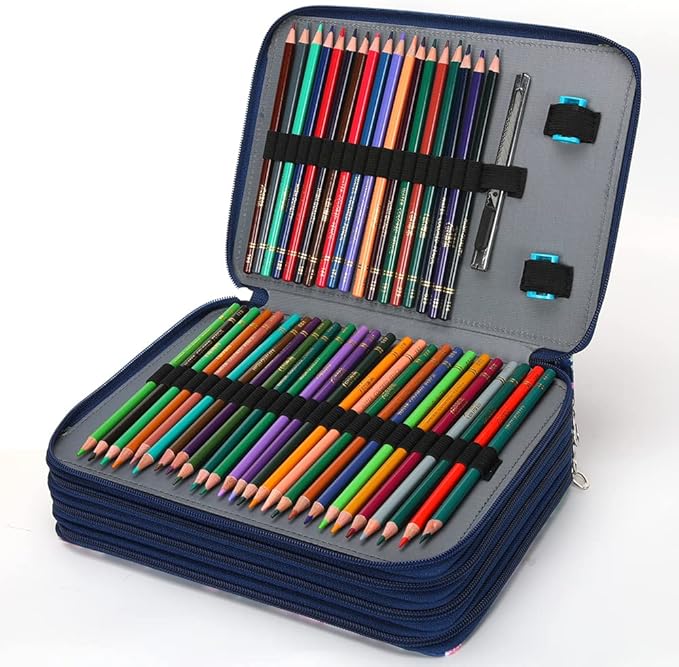 Vomgomfom Colored Pencil Case - 200 Slot Pencil Holder with Zipper Closure, Twill Fabric Large Capacity Pencil Case for Watercolor Pens or Markers, Artist Organizer (Blue Rose)