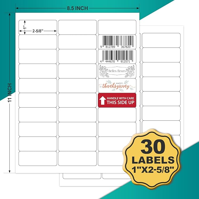Address Labels 1’’x2-5/8’’ Stikcer Paper 30-UP 250 Sheets for Laser/Inkjet Printer Matte 7500 White Blank Printable Labels on 8.5x11 Inch for Mailing, Shipping, and Organizing
