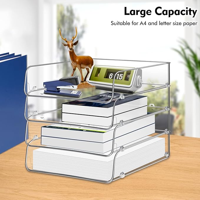 Lunmore Stackable Paper Trays, 4 Tier Desk File Organizer, Document Letter Tray for Office Supplies, Magazine