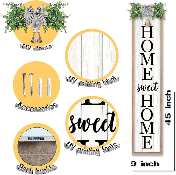LuZhiQiang Welcome Sign for Front Porch Outdoor Home Sweet Home, 45"X9" For Large Front Door Wreath Standing Wooden Frame Tall Vertical Leaner Long Signs, Rustic Outside Farmhouse Garden Patio Decor (Wood)