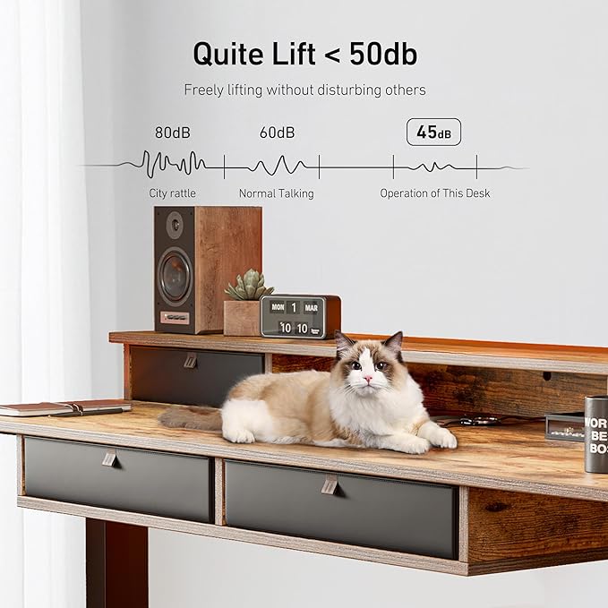 FEZIBO 48'' x 24'' Electric Standing Desk with 4 Storage Drawers, Adjustable Height Computer Table with Monitor Shelf, Stand Up Desk for Study, Gaming, Workstation, Rustic Brown Top