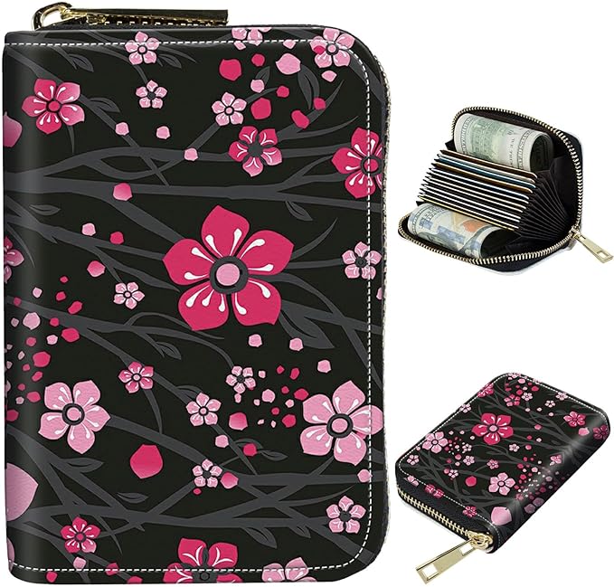 BWEGRHE Cute Credit Card Holder with Zipper, Pink Cherry Blossom RFID-Blocking Card Case Small Wallet for Women Men, Multi-slot Card Organizer Case Travel Accordion Wallet