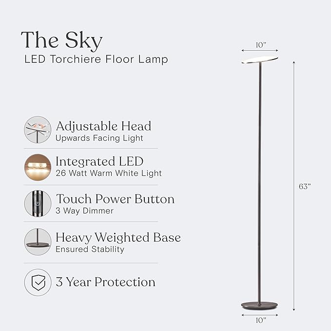 Brightech Sky LED Floor lamp, Torchiere Super Bright Floor Lamp for Living Room Decor & Office - Dimmable, Tall Standing Lamp with Warm Light for Bedroom & Reading - Brushed Nickel