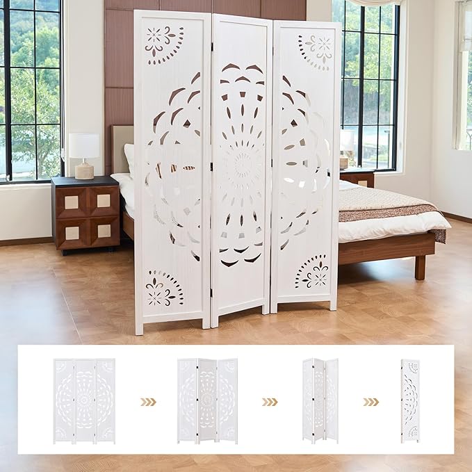 66.9Inch Wooden Room Partition - 3 Panels Boho-Styled Space Room Divider for Home/Office, Headboard & Yoga/Photo/Video Call Backdrop (White)