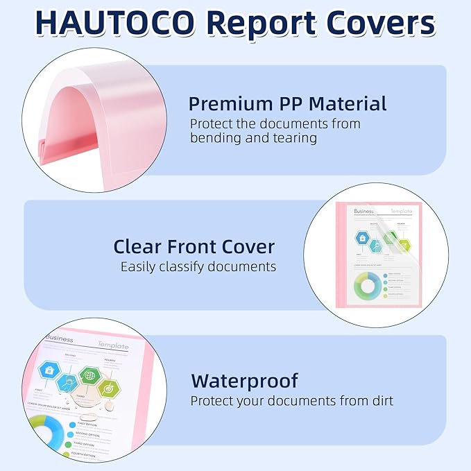 HAUTOCO 5 Pack Plastic Report Covers with 3 Prongs Fasteners Clear Front Resume Portfolio Folder for 8.5x11 Letter Size Paper, Presentation Document Report Cover for School Office Business, 5 Colors