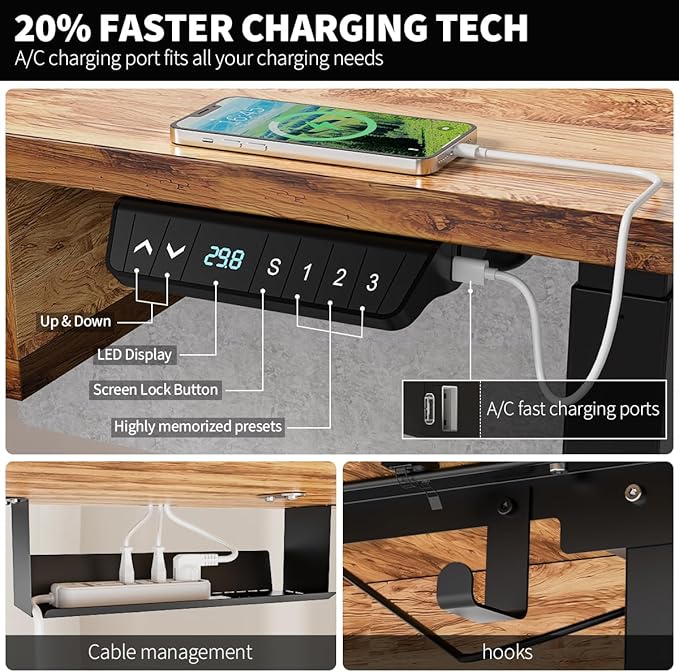 Kingant 63 x 30 Inch Electric Standing Desk with 4 Drawers, Adjustable Height Computer Desk for Home Office, Large Workstation Sit Stand Up Desk with Built-in USB A/C Ports, Light Rustic Brown