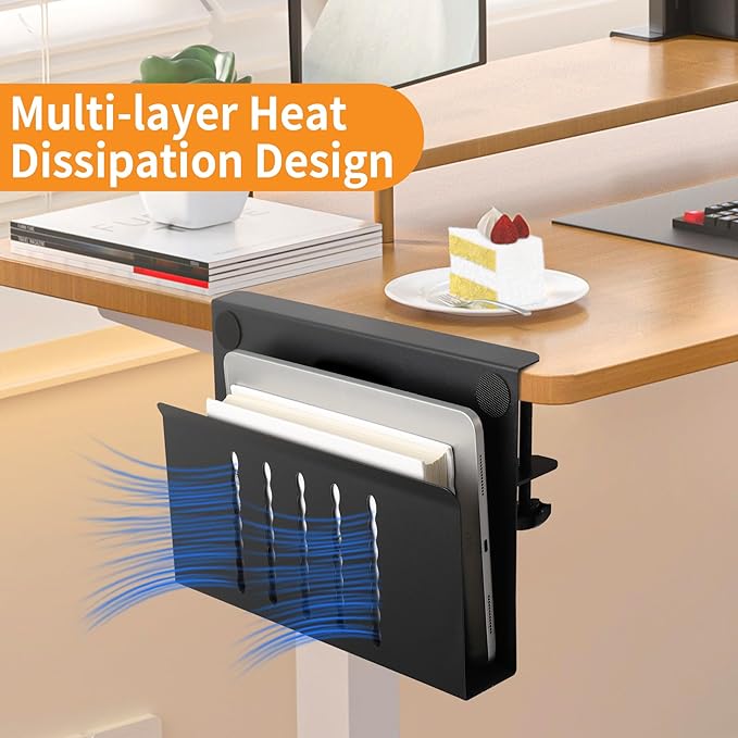 Henitol Desk Side Storage with Pen Holder, No Drill Hanging Desk Organizer Under Desk Storage Mount, Clamp-On Laptop Holder Table Side Tray Desktop Organization for Office and Home (Black)