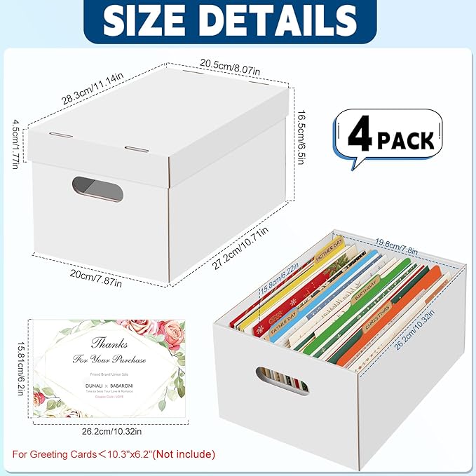 4Pack Greeting Card Storage Box, Greeting Card Organizer Box with 20 Dividers Holds 600 Cards+, Large Capacity Greeting Card Holder with 4 Sticker Labels White Card Box for Postcards, Photos, Envelope