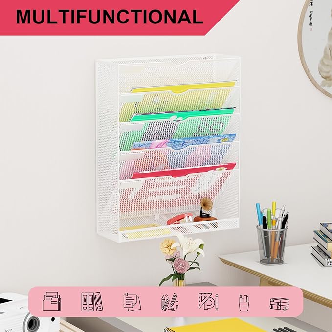 GDINDINFAN Hanging Wall File Organizer 6 Tier Wall Mounted File Holder Document Wall Organizer Magazine Organization for Office Home, White