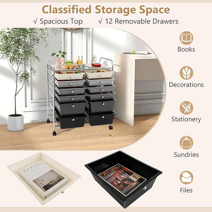 Happygrill 12-Drawer Rolling Storage Cart, Multipurpose Organizer Cart for Home Office School, Utility Cart with Wheels (Black Gradient)