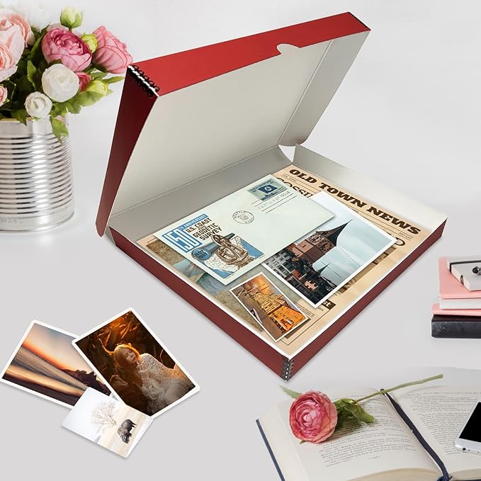 Lineco Folio Storage Box, Faux Leather Cover, Clamshell Design, 9.5x12.5x1.75 Inches, Archival Boxboard, Preserve Photos, Cards, Magazines, Documents, Art, Ephemera, Family Records, Red, Pack of 1
