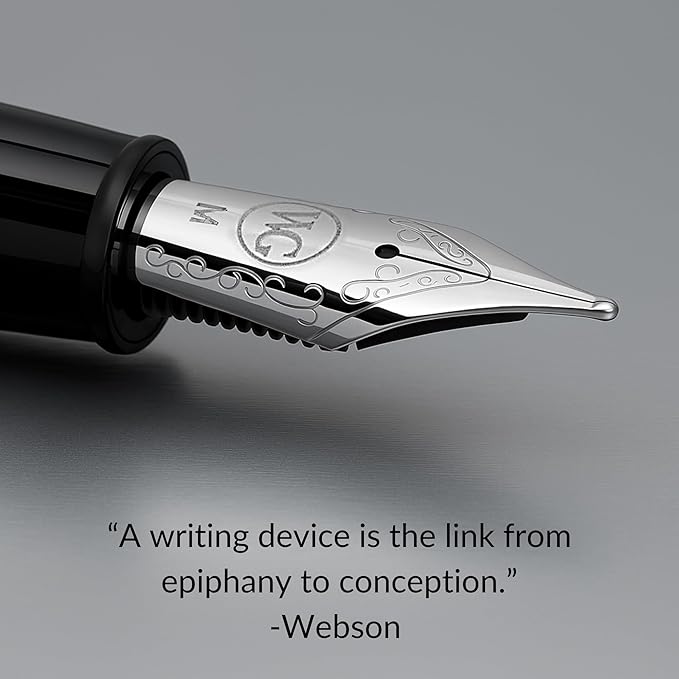 Webson Gill ‘The Raider’ Silver Luxury Executive Fountain Pen, Polished Lacquer & Chrome, Medium Nib, Smudge Free No Bleed, Use Any Fountain Ink w/Included Converter, Fits Cartridges sold separately