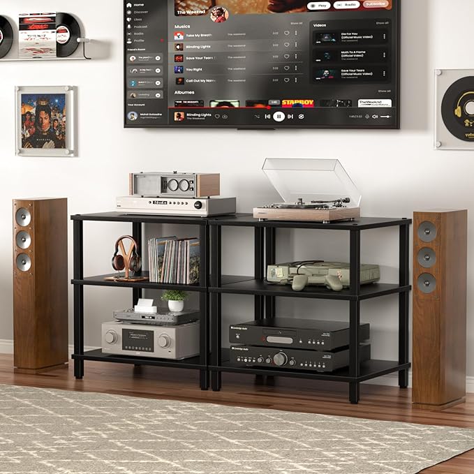 3-Tier AV Media Player Stand, Stereo Cabinet, Modern Stereo Cabine,Game Console Shelf,Wooden TV Stand,Multifunctional Entertainment Center, Suitable for Home, Conference Room, Game Studio,Black