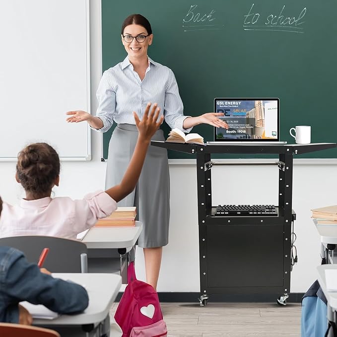 Upgraded AV Cart, Adjustable-Height Steel AV Cart with Locking Cabinet and Pullout Keyboard Tray, Rolling Media Cart with Wheels & Power for Computer Laptop Projector Printer (Black/43"x18"x43")