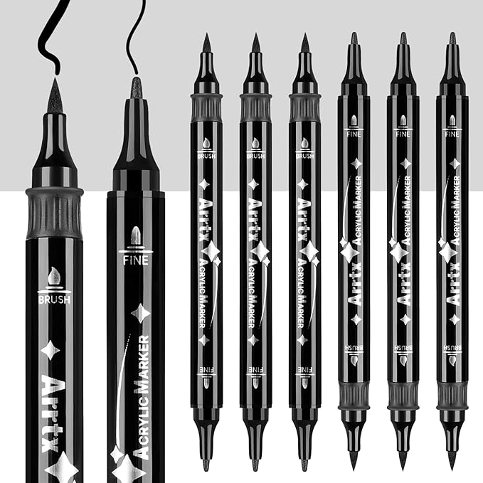 Arrtx Black Paint Pen 8 Pack Dual Tip, Black Acrylic Paint Graffiti Markers for Rock Painting, Paper, Wood, Ceramic, Fabric, Glass, Canvas, Plastic, Metal, Stone and DIY Crafts