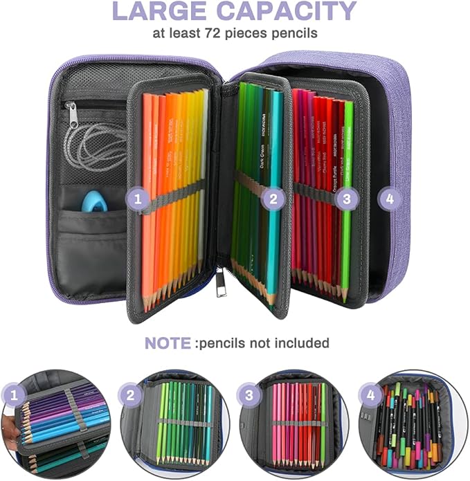 Number-one Large Capacity Pencil Case, 72 Slots Colored Pencil Pouch Bag Portable Pencil Holder Stationery Organizer with Compartments for Office and Travel, Purple