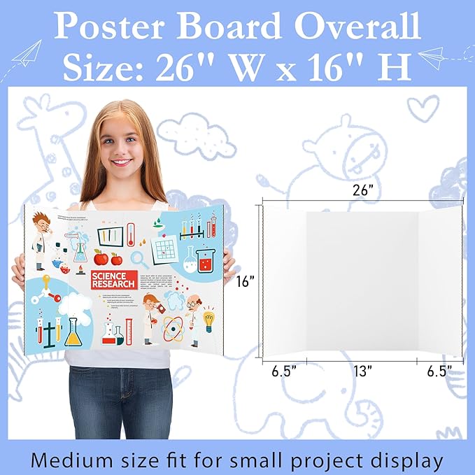 AKONEGE 12 Pack Medium Trifold Poster Board, 26" x 16" White Corrugated Cardboard Tri Fold Poster Boards for Presentation, School Projects, Science Fair, Photo Display Exhibitions Event