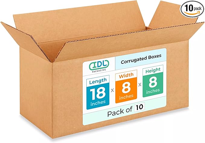 Medium Shipping & Moving Boxes 18x8x8 inches (10-Pack) - Extra Strength 200 lb vs Regular - Corrugated Medium Moving Boxes - Packing Box for USPS, UPS, FedEx - Heavy Duty Box by IDL Packaging