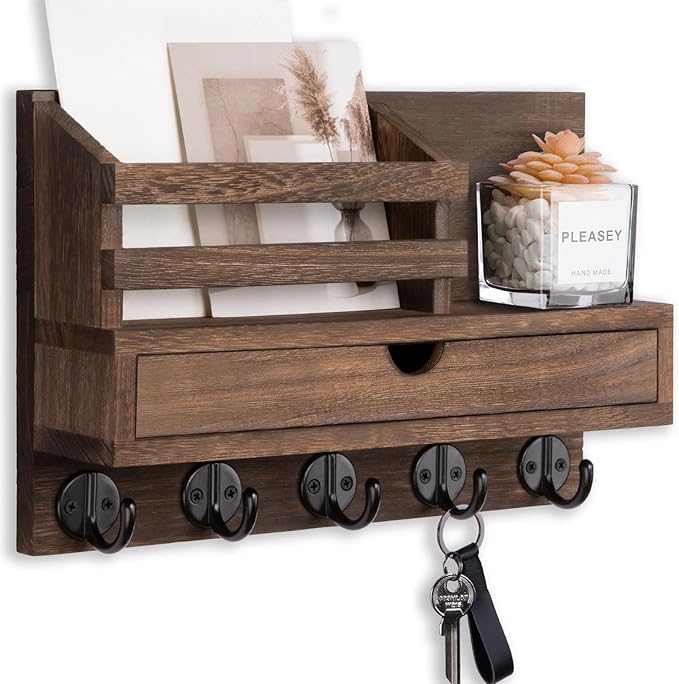 Lucundm Key Holder Wall Mount, Mail Holder with Storage Drawer and 5 Key Hooks for Coat, Dog Leash, Home Decor Rack, House Accessories, Entry Way Organizer