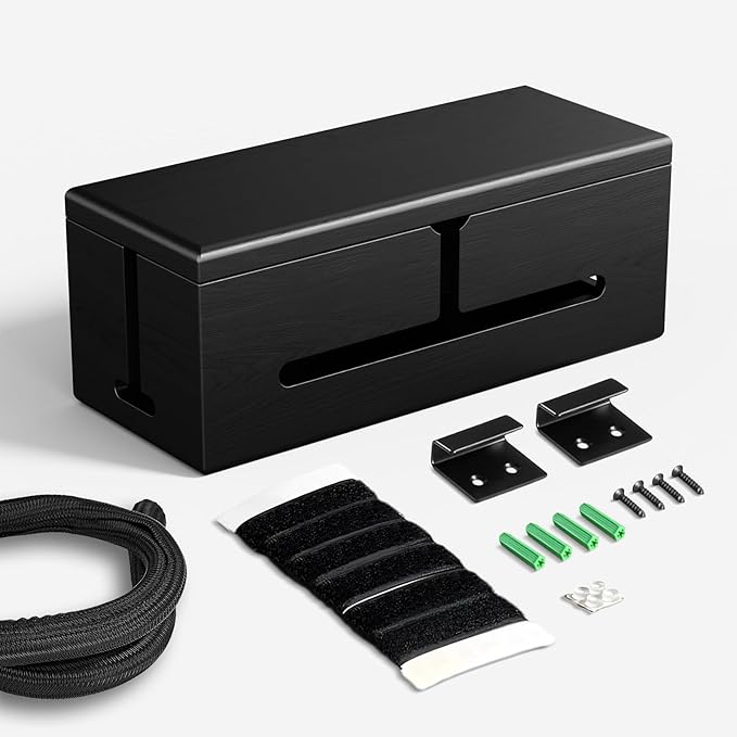 HomeBliss Large Cable Management Box-Stylish Wire Organizer, Wire Concealer and Wire Management Box-Wire Management Box with Protective Sleeve (Black)