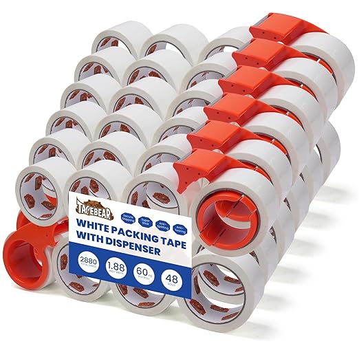 TAPEBEAR 48Rolls White Packing Tape with 12 Dispensers, 1.88 Inch x 60 Yards Packaging Tape Refills, Decorative Moving Tape for Boxes, Shipping and Sealing