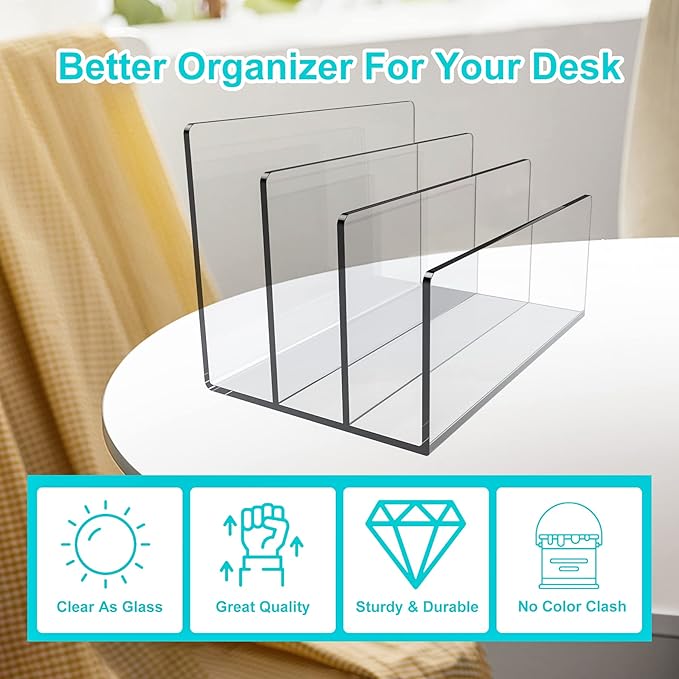 Boloyo Acrylic File Holder,1PC 3 Sections Clear File Organizer Mail Letter Sorter Desktop Folder Holder for Home Office School Envelope Bill Filling Paper Document