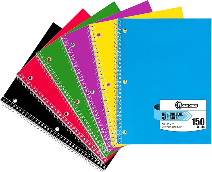 Rosmonde 5 Subject Notebook College Ruled, 6 Value Pack, 300 Pages (150 Sheets), 8 x 10-1/2", 5 Subject College Ruled Spiral Notebooks for School & Office, Thick Paper Fights Ink Bleed, 3 Hole Punched