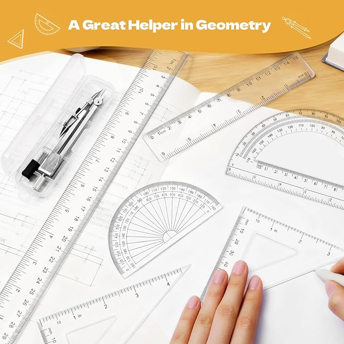 Geometry Set - 7Pcs Geometry Kit with Clear Plastic Ruler 12Inch & 6Inch, Triangle Ruler, Protractor and Compass Set for School Office Math Drawing Drafting Engineering Architecture Art