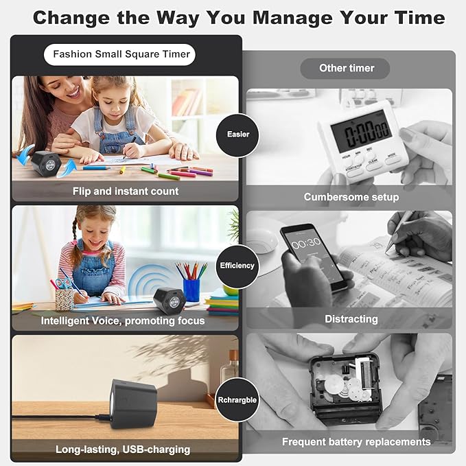 Pomodoro Productivity Timer Cube, Flip Clock, Pause & Resume, Magnetic Adjustable Sound Alert, for Working Studying Office Task, 3/5/10/15/30min & Custom Countdown (Gray)