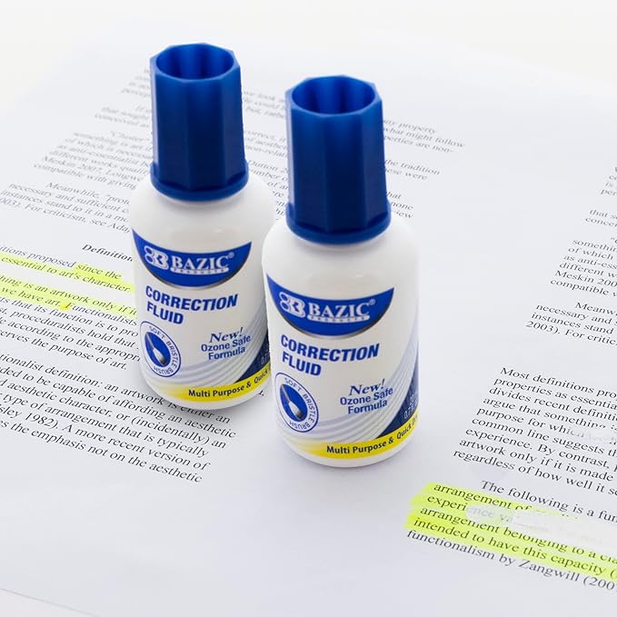 BAZIC Products Correction Fluid (0.7 oz / 20 ml), Soft Bristle Brush Applicator, Instant Corrections Pen White Out Wipe Out Liquid (2/Pack), 2-Packs