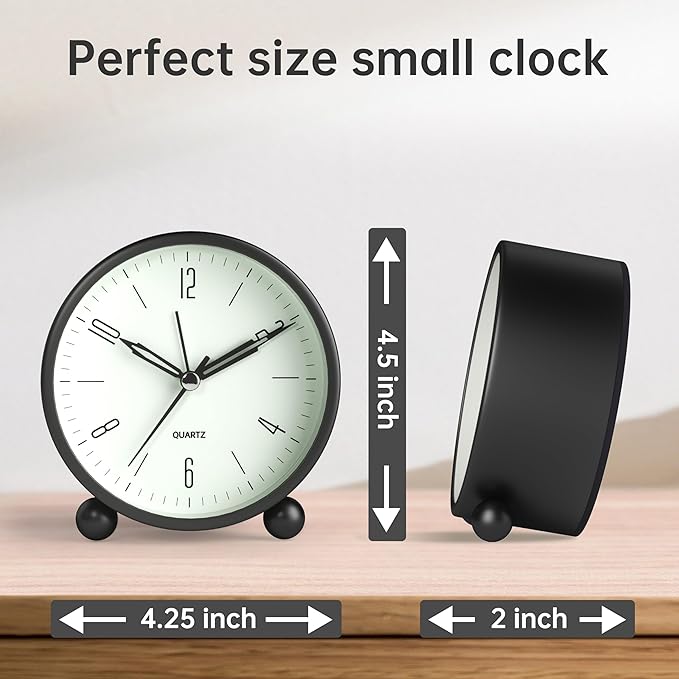 Analog Alarm Clock, 4 inch Super Silent Non Ticking Small Clock with Night Light, Battery Operated, Simple Design, Old Fashioned Style Black Decor, for Bedroom, Bedside, Desk, Adult, Kid, Gift, Black