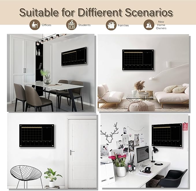 Black Glass 3-1 Monthly Dry Erase Calendar Whiteboard for Wall,24"x 36",Frameless Mounting,Office/School/Home, Frameless Large Planner White Board