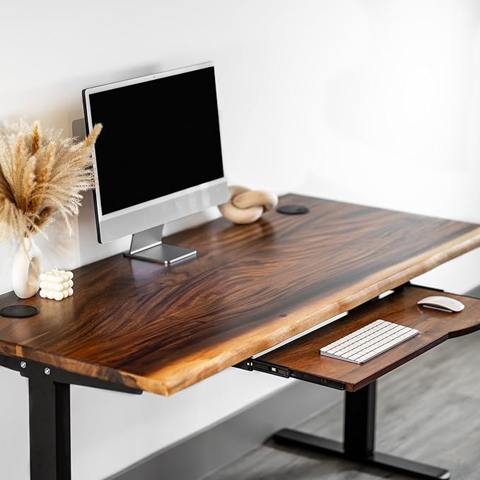 Standing Desk with Keyboard Tray – Walnut Solid Wood Desk, Natural Live Edge, Adjustable Height Dual Motor, Sit Stand for Home Office (Black, W48 x D27)