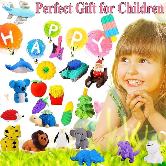 URSKYTOUS 110Pcs Animal Erasers Kids Desk Pets Pencil Erasers 3D Puzzle Eraser Bulk Mini Animal Food Toys Fun Cute Eraser for Classroom Rewards, Game Prizes, Treasure Box, Easter Egg Fillers
