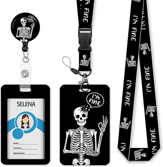 Skull Skeleton Badge Holder Retractable Lanyard, Lanyards for ID Badges Name Tags Vertical Card Holder, Detachable Lanyard Badge Reel Retractable, Teacher Nurse Workers Women Office Gifts I'm Fine