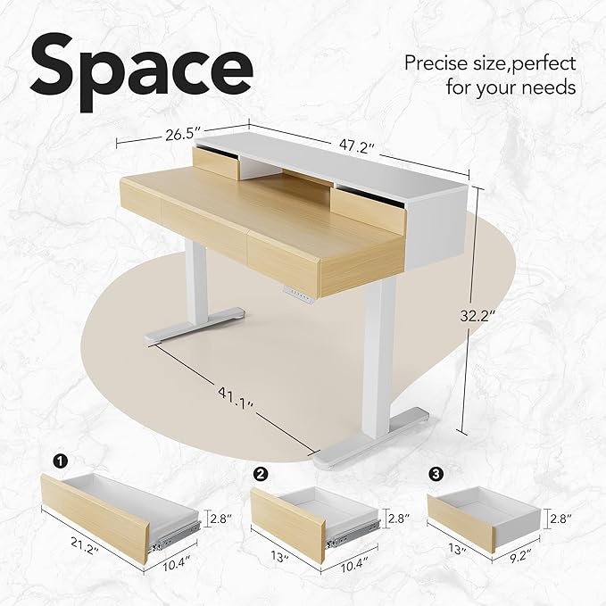 HUANUO Standing Desk with Drawers, 48 Inches Electric Height Adjustable Desk with Storage, Whole-Piece Board Sit Stand Up Desk with Monitor Shelf, Light Walnut
